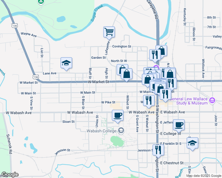 map of restaurants, bars, coffee shops, grocery stores, and more near 511 West Market Street in Crawfordsville