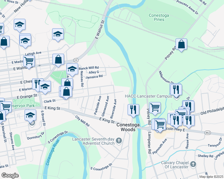 map of restaurants, bars, coffee shops, grocery stores, and more near 48 Riverside Avenue in Lancaster