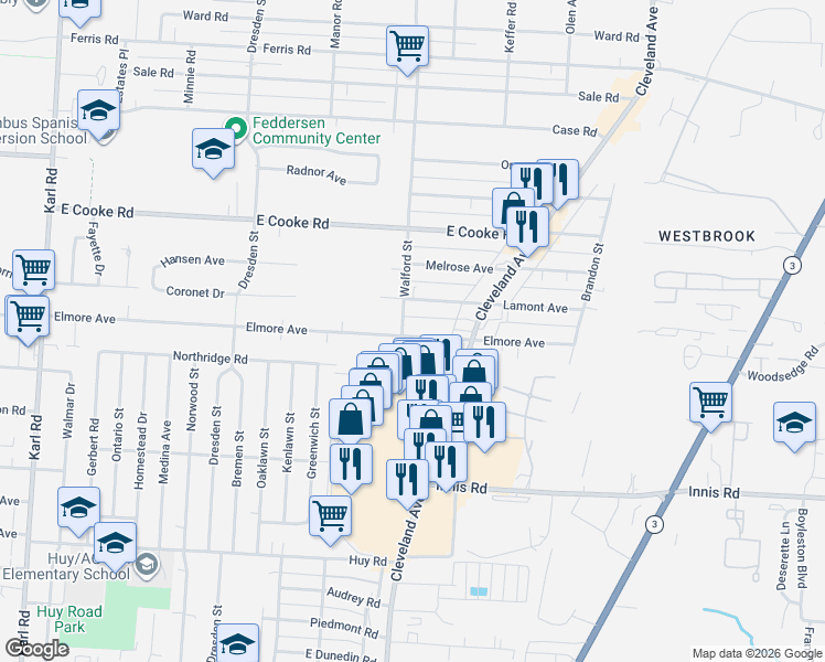map of restaurants, bars, coffee shops, grocery stores, and more near 1956 Elmore Avenue in Columbus