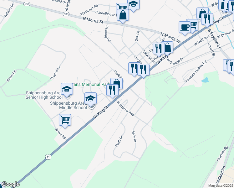 map of restaurants, bars, coffee shops, grocery stores, and more near 835 West King Street in Shippensburg