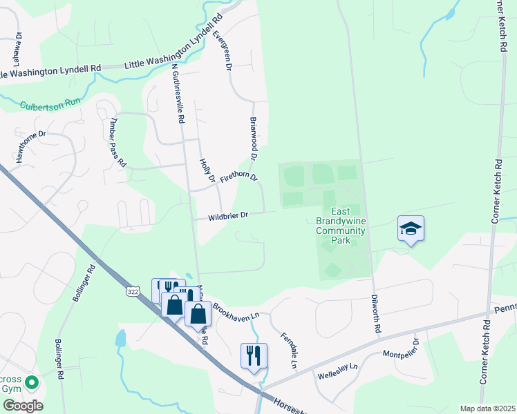 map of restaurants, bars, coffee shops, grocery stores, and more near 112 Wildbrier Drive in Downingtown