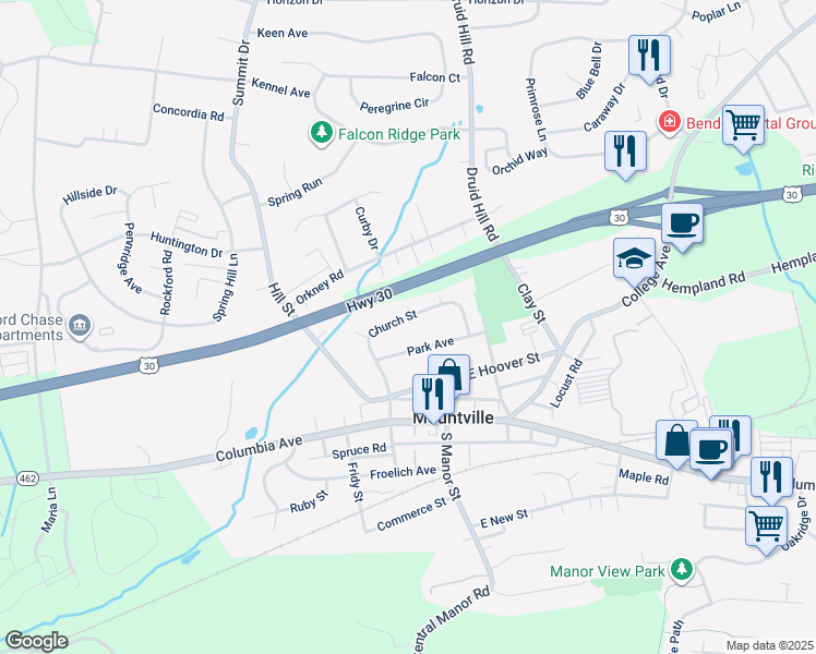 map of restaurants, bars, coffee shops, grocery stores, and more near 151 Church Street in Mountville