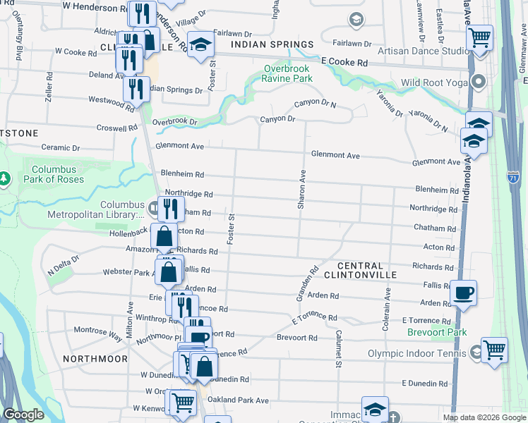 map of restaurants, bars, coffee shops, grocery stores, and more near 199 Northridge Road in Columbus
