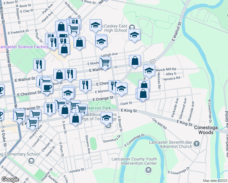 map of restaurants, bars, coffee shops, grocery stores, and more near 122 North Broad Street in Lancaster