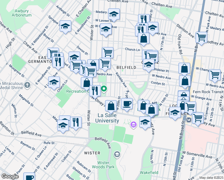 map of restaurants, bars, coffee shops, grocery stores, and more near 5731 North Lambert Street in Philadelphia