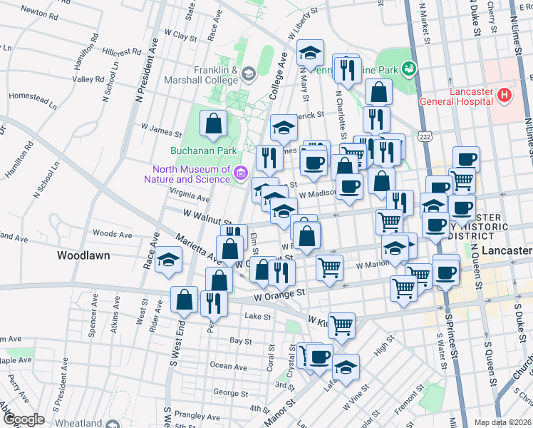 map of restaurants, bars, coffee shops, grocery stores, and more near 605 West Walnut Street in Lancaster