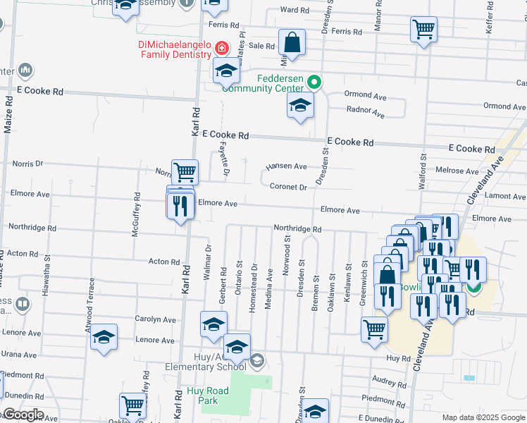 map of restaurants, bars, coffee shops, grocery stores, and more near 1581 Elmore Avenue in Columbus