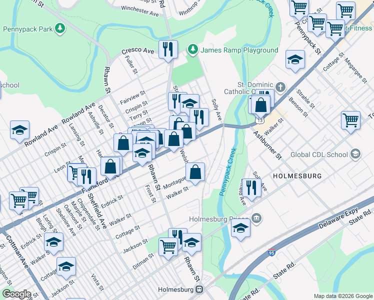 map of restaurants, bars, coffee shops, grocery stores, and more near 8100 U.S. 13 in Philadelphia