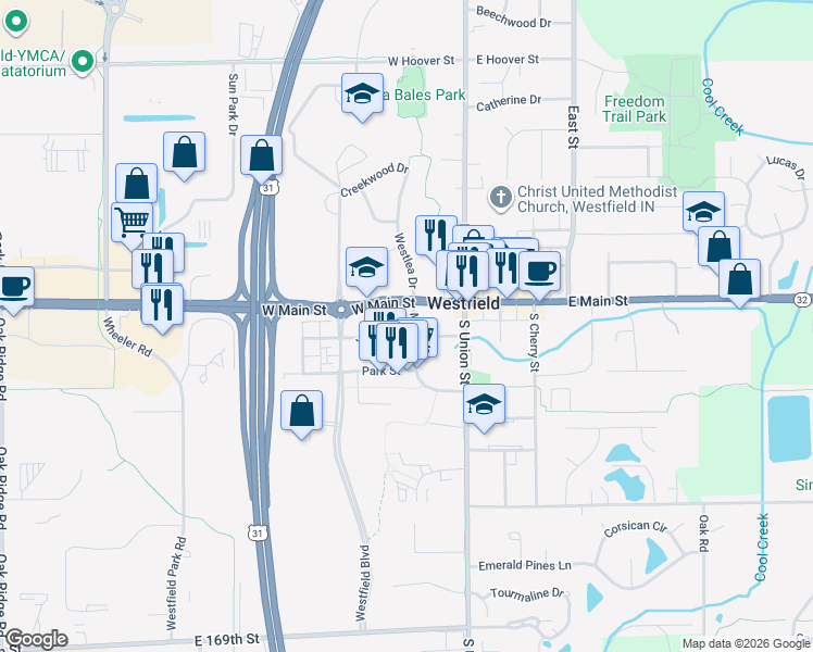 map of restaurants, bars, coffee shops, grocery stores, and more near 125 Mill Street in Westfield