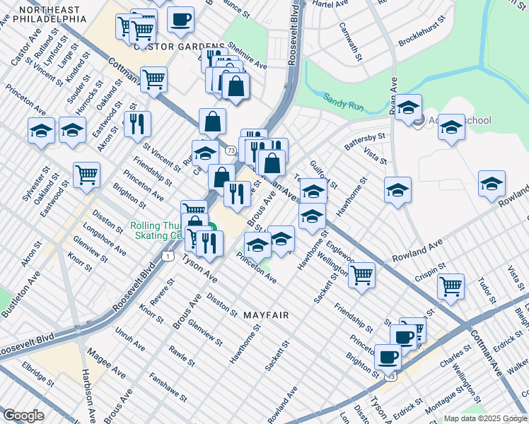 map of restaurants, bars, coffee shops, grocery stores, and more near 7229 Brous Avenue in Philadelphia