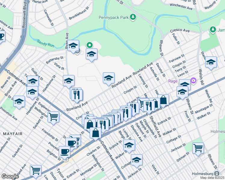 map of restaurants, bars, coffee shops, grocery stores, and more near 3307 Shelmire Avenue in Philadelphia