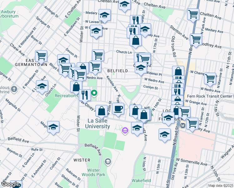 map of restaurants, bars, coffee shops, grocery stores, and more near 5808 Kemble Avenue in Philadelphia