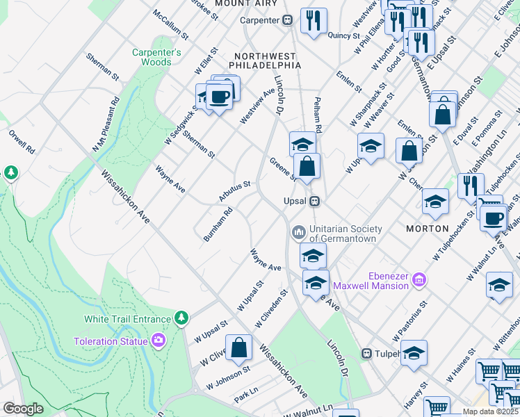 map of restaurants, bars, coffee shops, grocery stores, and more near 502 West Springer Street in Philadelphia
