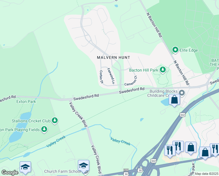 map of restaurants, bars, coffee shops, grocery stores, and more near 8 Corbin Drive in Exton