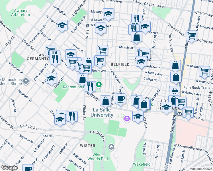 map of restaurants, bars, coffee shops, grocery stores, and more near 5731 North Lambert Street in Philadelphia