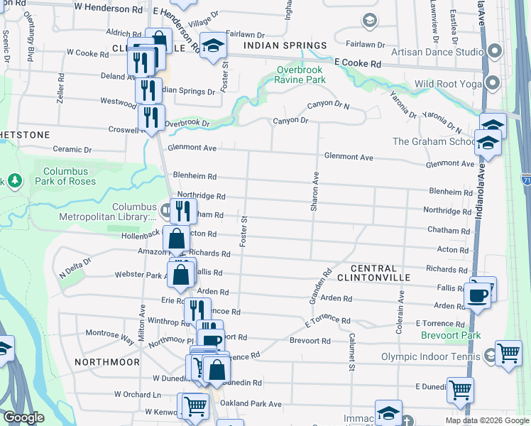 map of restaurants, bars, coffee shops, grocery stores, and more near 199 Northridge Road in Columbus