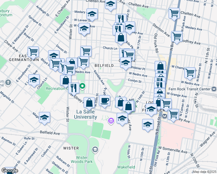 map of restaurants, bars, coffee shops, grocery stores, and more near 5761 Kemble Avenue in Philadelphia