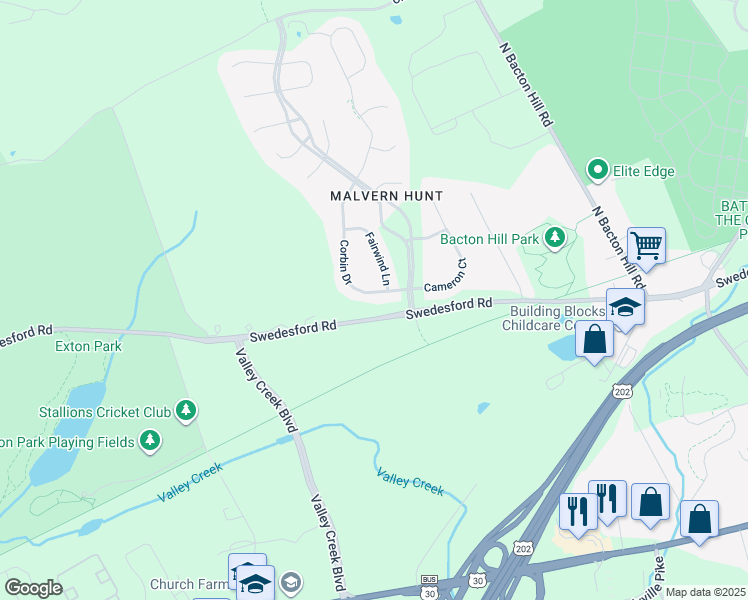 map of restaurants, bars, coffee shops, grocery stores, and more near 8 Corbin Drive in Exton