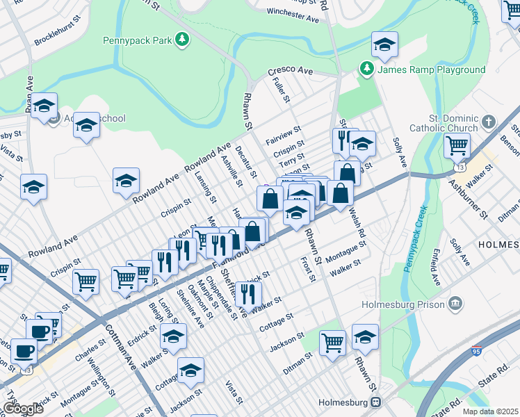 map of restaurants, bars, coffee shops, grocery stores, and more near 3531 Ashville Street in Philadelphia