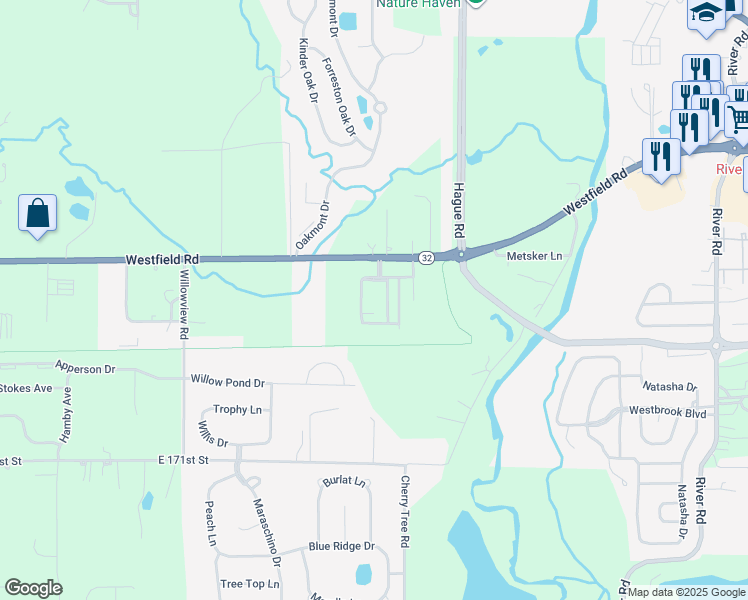 map of restaurants, bars, coffee shops, grocery stores, and more near 7235 Riverwalk Way North in Noblesville