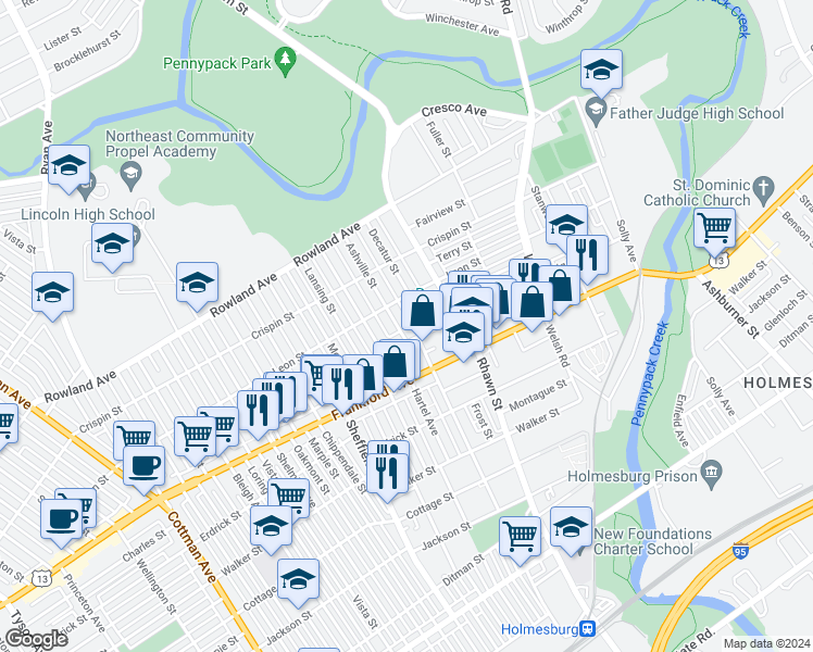 map of restaurants, bars, coffee shops, grocery stores, and more near 3531 Ashville Street in Philadelphia