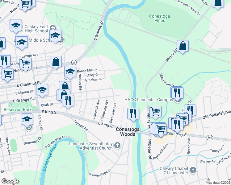 map of restaurants, bars, coffee shops, grocery stores, and more near 51 Riverside Avenue in Lancaster