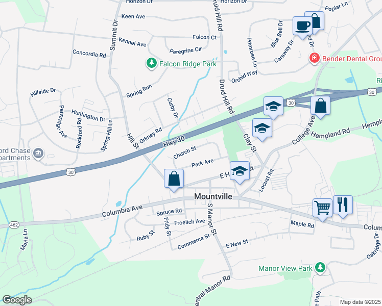 map of restaurants, bars, coffee shops, grocery stores, and more near 151 Church Street in Mountville