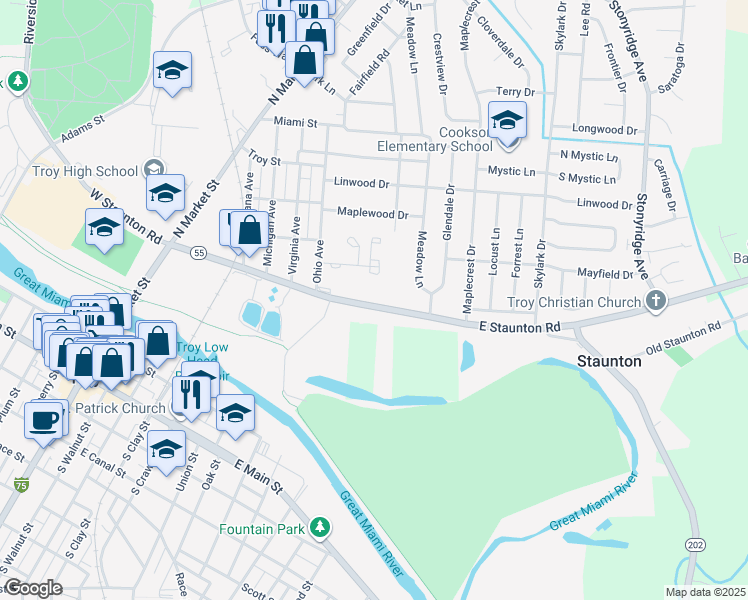 map of restaurants, bars, coffee shops, grocery stores, and more near 579 East Staunton Road in Troy