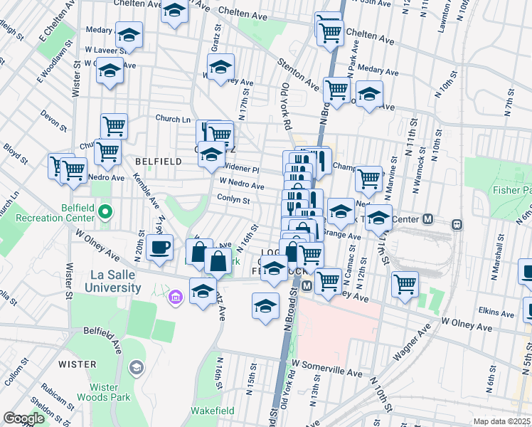 map of restaurants, bars, coffee shops, grocery stores, and more near 5825 North 16th Street in Philadelphia