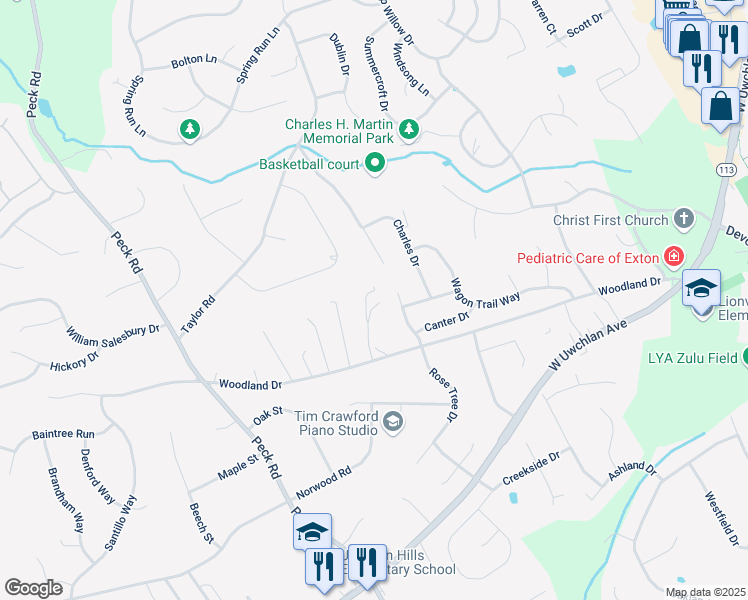 map of restaurants, bars, coffee shops, grocery stores, and more near 181 Dans Lane in Downingtown