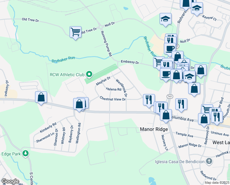 map of restaurants, bars, coffee shops, grocery stores, and more near 2418 Helena Road in Lancaster