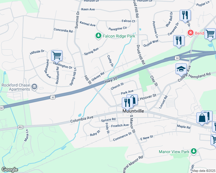 map of restaurants, bars, coffee shops, grocery stores, and more near 138 Church Street in Mountville