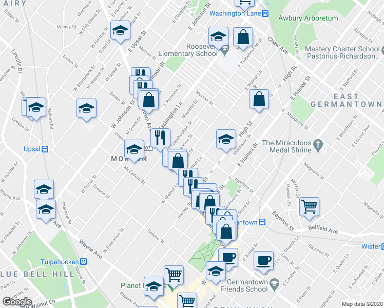 map of restaurants, bars, coffee shops, grocery stores, and more near 62 East Herman Street in Philadelphia