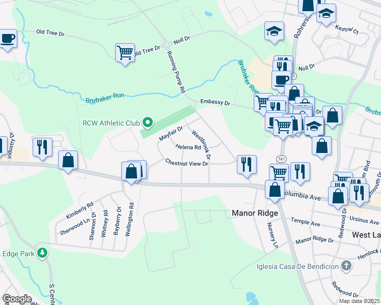 map of restaurants, bars, coffee shops, grocery stores, and more near 2418 Helena Road in Lancaster