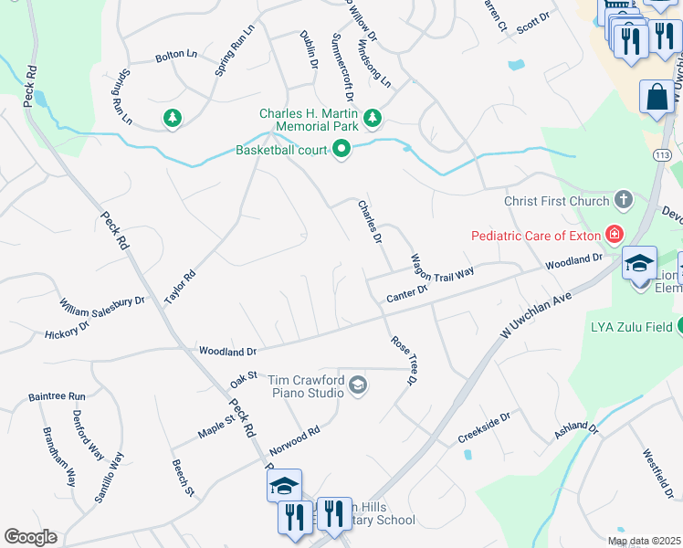 map of restaurants, bars, coffee shops, grocery stores, and more near 181 Dans Lane in Downingtown