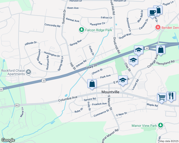 map of restaurants, bars, coffee shops, grocery stores, and more near 138 Church Street in Mountville