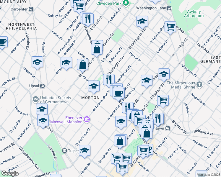 map of restaurants, bars, coffee shops, grocery stores, and more near 6201 Germantown Avenue in Philadelphia