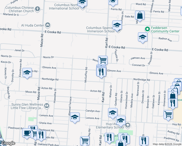 map of restaurants, bars, coffee shops, grocery stores, and more near 1332 Elmore Avenue in Columbus