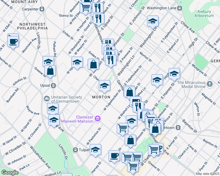 map of restaurants, bars, coffee shops, grocery stores, and more near 52 West Washington Lane in Philadelphia