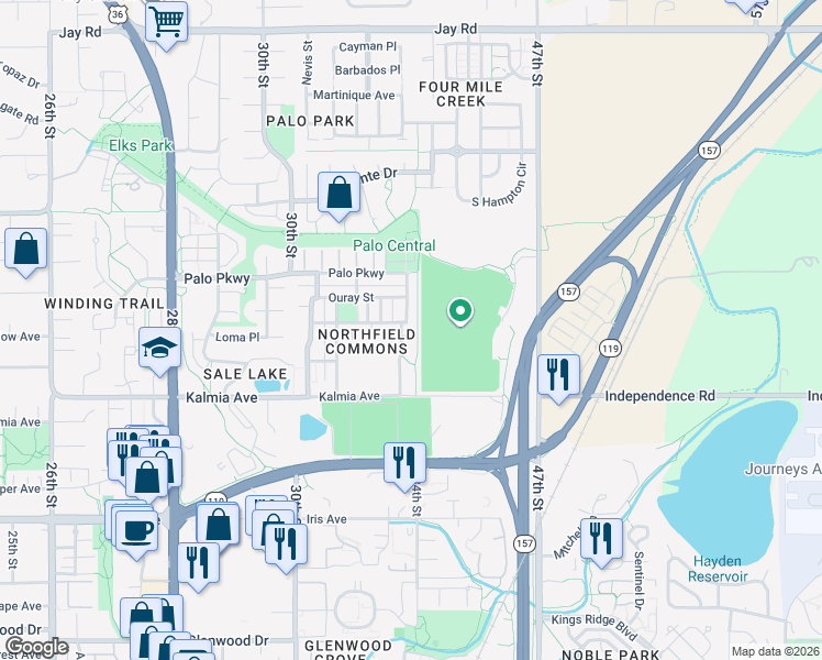 map of restaurants, bars, coffee shops, grocery stores, and more near 3712 Ridgeway Street in Boulder