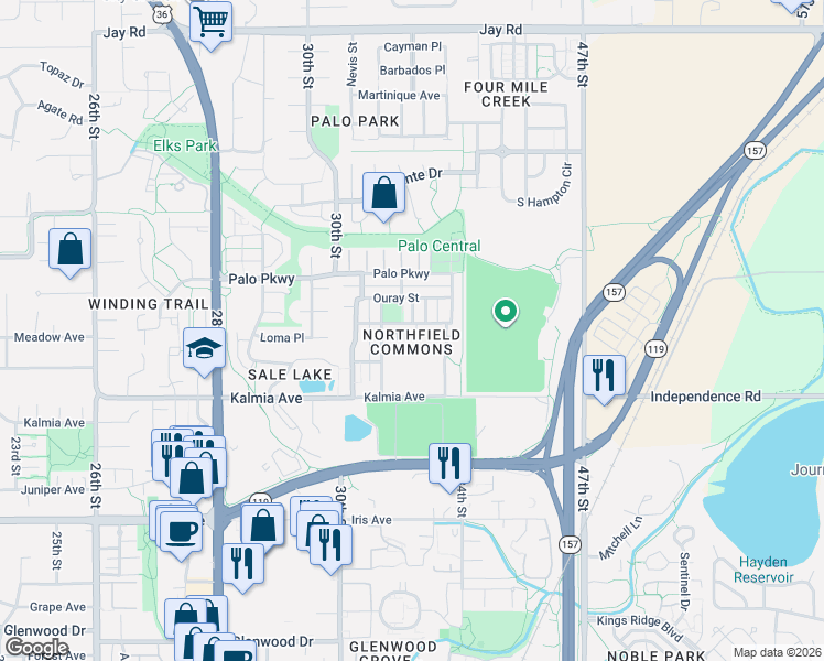 map of restaurants, bars, coffee shops, grocery stores, and more near in Boulder