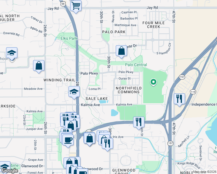 map of restaurants, bars, coffee shops, grocery stores, and more near 3709 Paonia Street in Boulder