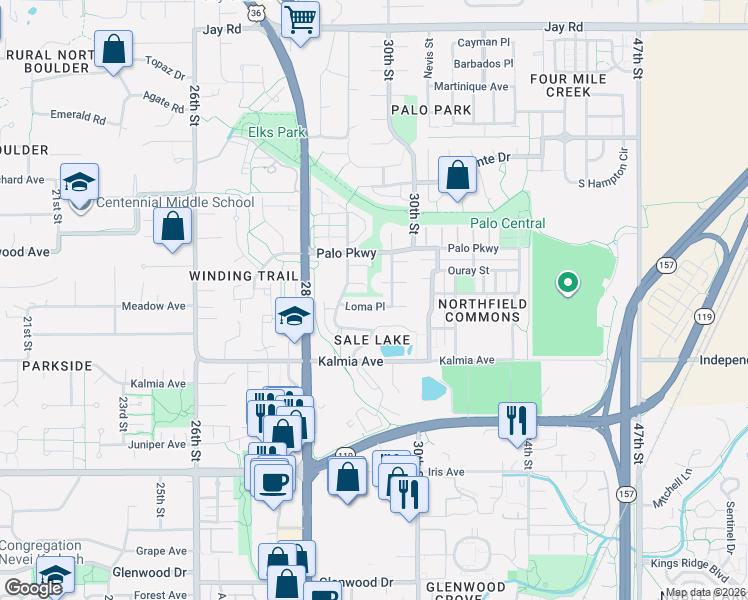 map of restaurants, bars, coffee shops, grocery stores, and more near 3731 Monterey Place in Boulder
