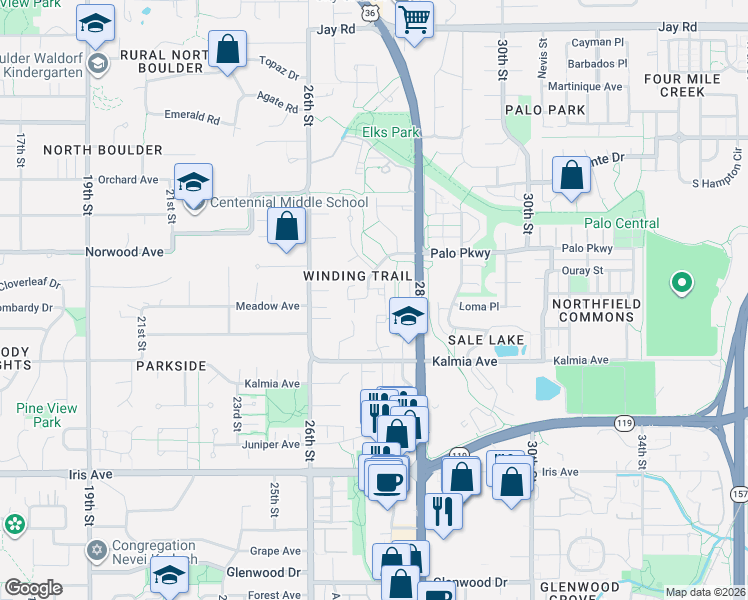map of restaurants, bars, coffee shops, grocery stores, and more near in Boulder