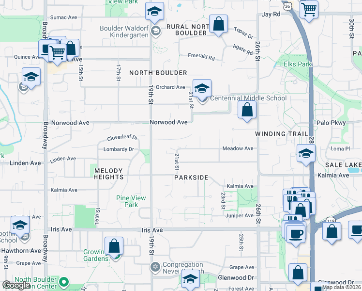 map of restaurants, bars, coffee shops, grocery stores, and more near 2115 Meadow Avenue in Boulder