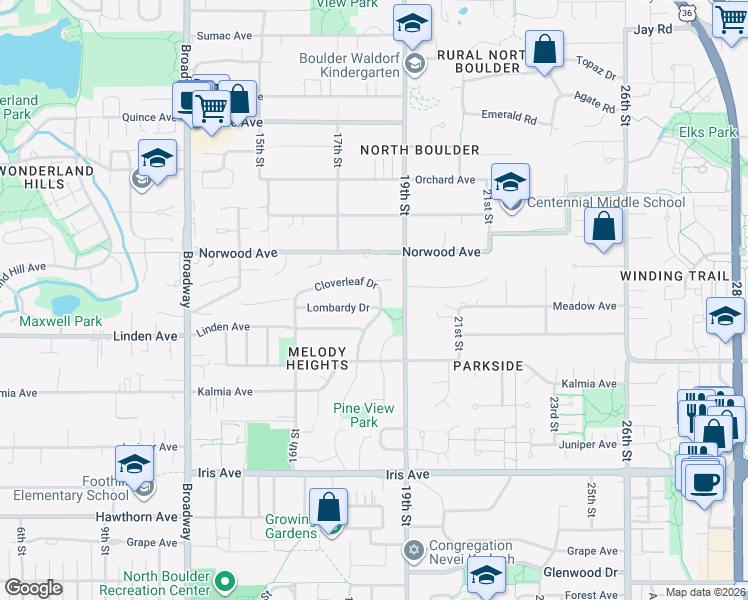 map of restaurants, bars, coffee shops, grocery stores, and more near 3821 Cloverleaf Drive in Boulder