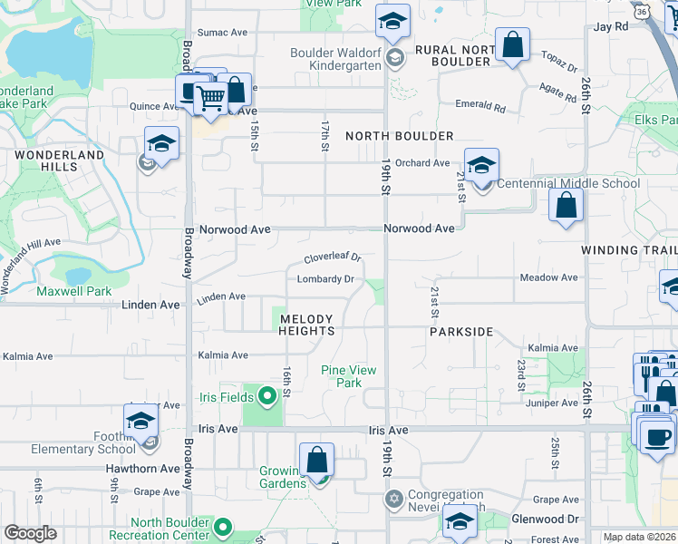 map of restaurants, bars, coffee shops, grocery stores, and more near 3821 Cloverleaf Drive in Boulder