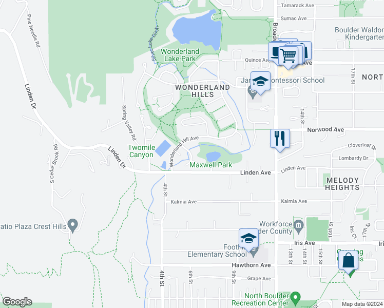 map of restaurants, bars, coffee shops, grocery stores, and more near 3732 Wonderland Hill Avenue in Boulder