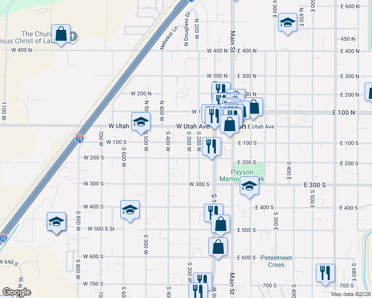 map of restaurants, bars, coffee shops, grocery stores, and more near 336 West 100 North in Payson