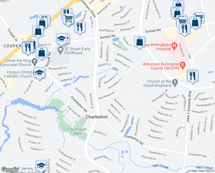 map of restaurants, bars, coffee shops, grocery stores, and more near 16 Beechfern Lane in Willingboro